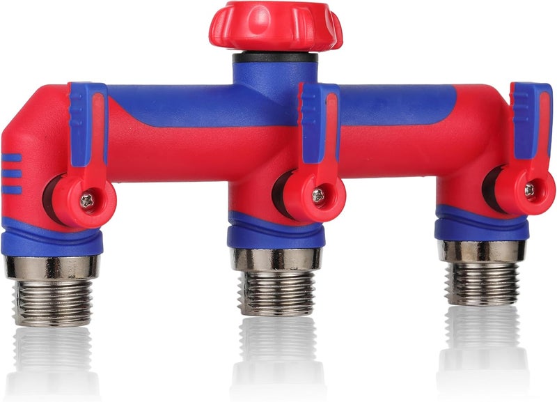 ATAOSGR 3 way Hose Splitter，Garden Hose Connector and Outdoor Faucet Splitter,with Shutoff Valves Hoses Adapter -T Water Spigot Splitter Water Pipe Connector，3/4" GHT Thread For Home Outdoor Garden（red blue） - Image 1